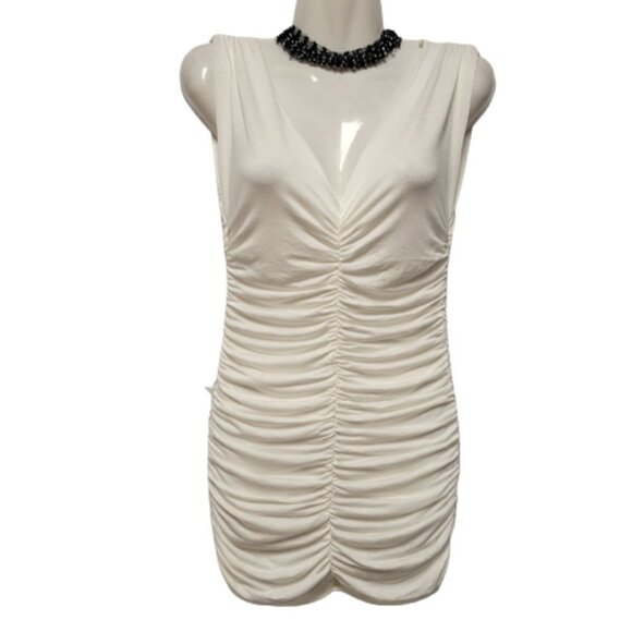 𝅺WHITE Ruched V Neck Low Back Mini Dress  Size M - NWOT - Picture 1 of 8